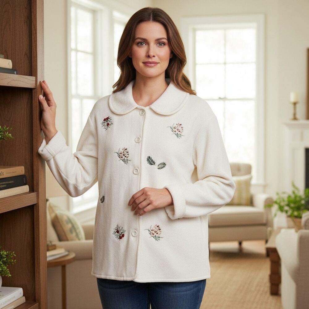 Premier International Women Sz Large White Cozy Button Down Jacket Embroidered